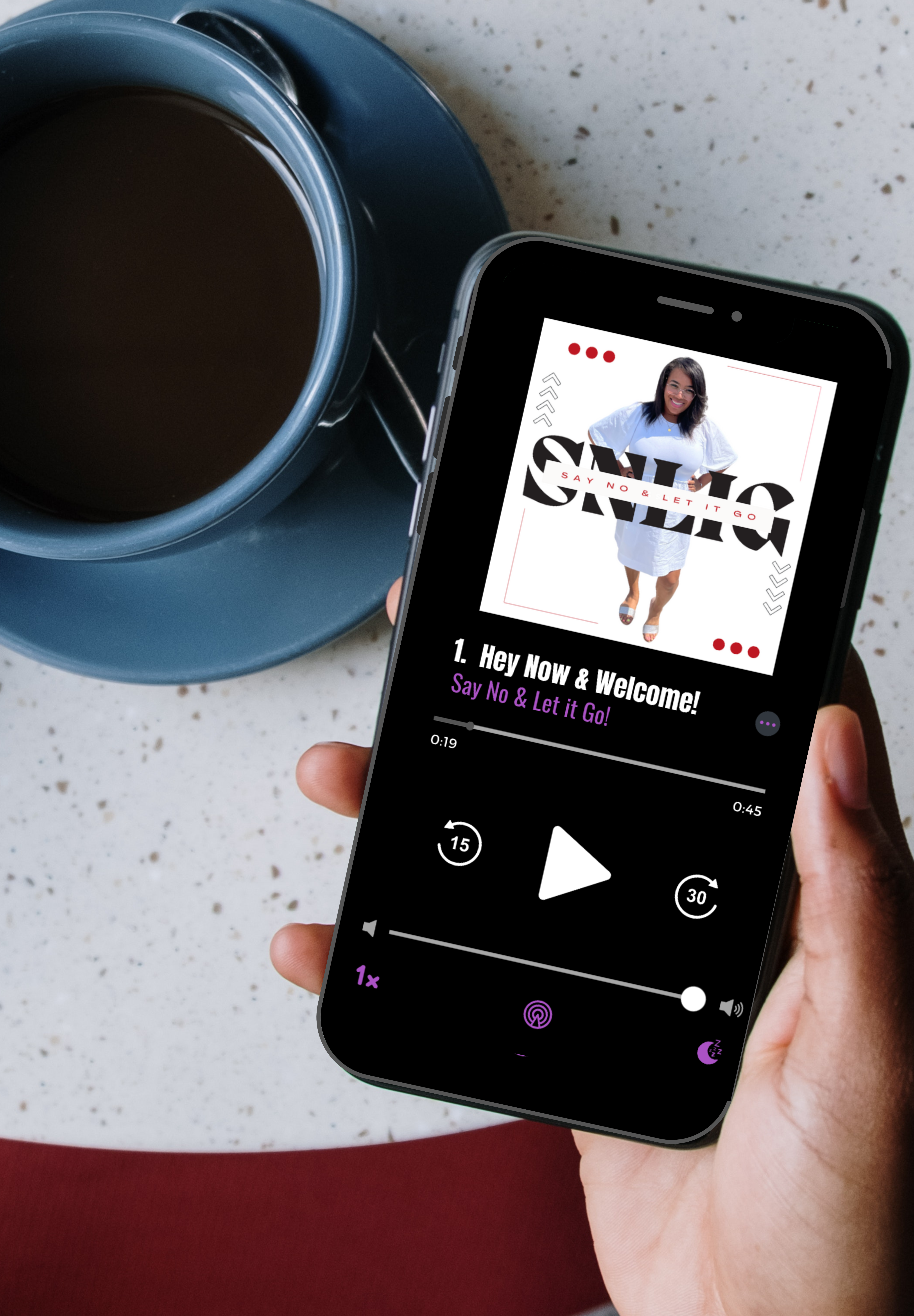 Image displays the cover of the Say No and Let it Go audio course on a smartphone screen.