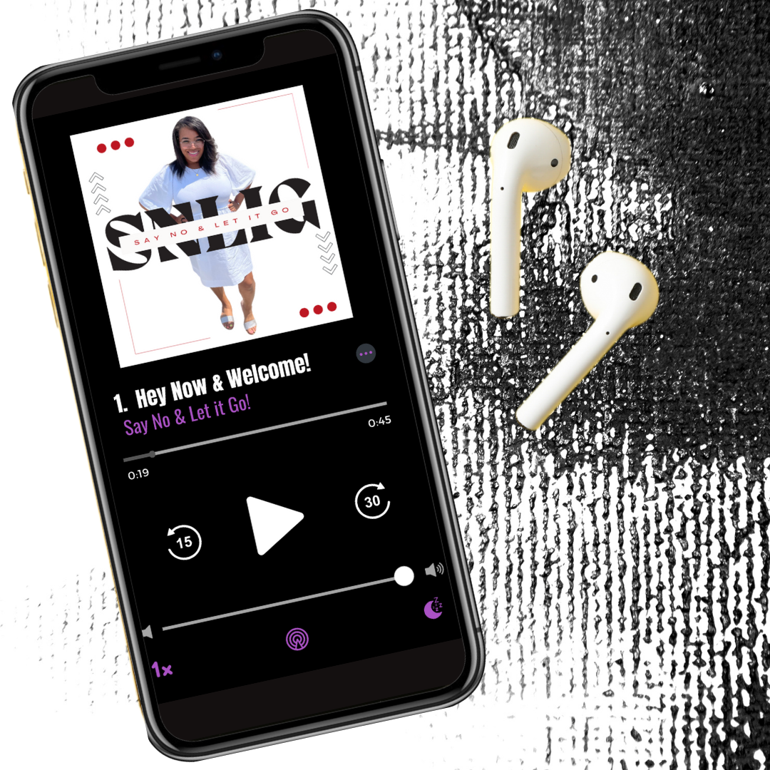SNLIG Private Podcast Welcome Track on a phone screen with earpods on the right side